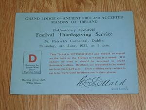 Seller image for Original Ticket Bi-Centenary 1725-1925 Festival Thanksgiving Service St. Patrick's Cathedral, Dublin Thursday 4th June 1925, at 3.pm for sale by Dublin Bookbrowsers