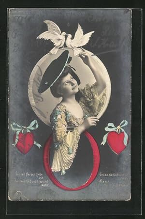Bild des Verkufers fr Ansichtskarte Unsrer Herzen Liebe ist., Frulein mit zwei weissen Tauben zum Verkauf von Bartko-Reher