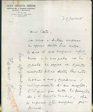Lettera manoscritta di Flaminio Piccoli datata 7 gennaio su carta intestata Società Cooperativa T...