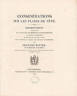 Image du vendeur pour Considrations sur les plaies de tte. mis en vente par Librairie de l'Amateur