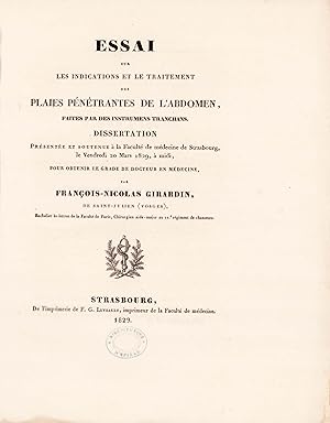 Image du vendeur pour Essai sur les indications et le traitement des plaies pntrantes de l'abdomen faites par des instrumens tranchans (sic). mis en vente par Librairie de l'Amateur