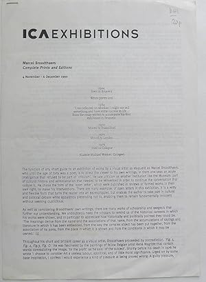 Imagen del vendedor de Marcel Broodthaers. Complete Prints and Editions. Institute of Contemporary Arts. London 4 November-6 December 1992. a la venta por Roe and Moore