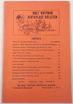 Image du vendeur pour Walt Whitman Birthplace Bulletin. Volume I, Number 2 - January 1958 mis en vente par Resource Books, LLC