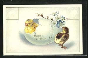 Präge-Ansichtskarte Fröhliche Ostern! Osterküken schlüpft aus einem Ei