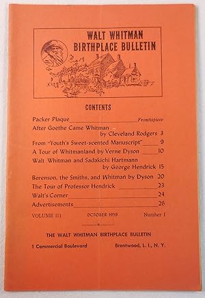 Image du vendeur pour Walt Whitman Birthplace Bulletin. Volume III, Number 1 - October 1959 mis en vente par Resource Books, LLC