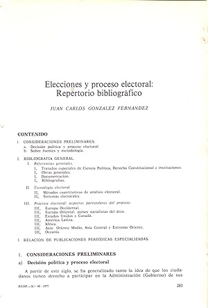 Image du vendeur pour ELECCIONES Y PROCESOS ELECTORALES: REPERTORIO BIBLIOGRAFICO (EXTRAIDO ORIGINAL DEL AO 1977, ESTUDIO COMPLETO TEXTO INTEGRO) mis en vente par Libreria 7 Soles