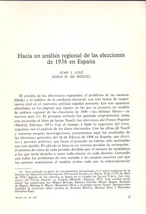Immagine del venditore per HACIA UN ANALISIS REGIONAL DE LAS ELECCIONES DE 1936 EN ESPAA (EXTRAIDO ORIGINAL DEL AO 1977, ESTUDIO COMPLETO TEXTO INTEGRO) venduto da Libreria 7 Soles