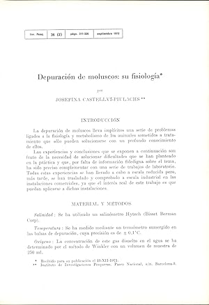 Bild des Verkufers fr DEPURACION DE MOLUSCOS: SU FISIOLOGIA (EXTRAIDO ORIGINAL DEL AO 1972, ESTUDIO COMPLETO TEXTO INTEGRO) zum Verkauf von Libreria 7 Soles