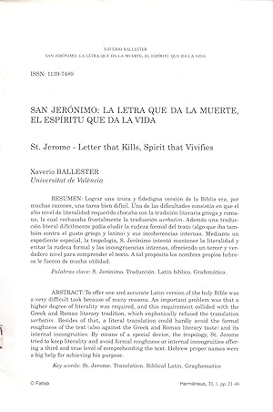 Seller image for SAN JERONIMO: LA LETRA QUE DA LA MUERTE, EL ESPIRITU QUE DA LA VIDA (EXTRAIDO ORIGINAL DEL AO 1999 ESTUDIO COMPLETO TEXTO INTEGRO) for sale by Libreria 7 Soles