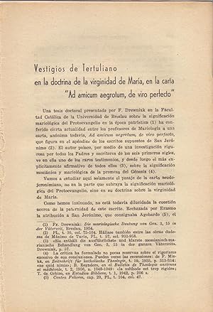 Bild des Verkufers fr VESTIGIOS DE TERTULIANOS, EM LA DOCTRINA DE LA VIRGINIDAD DE MARIA, EN LA CARTA "AD AMICUM AEGROTU,, DE VIRO PERFECTO" (EXTRAIDO ORIGINAL AO 1944, ESTUDIO COMPLETO TEXTO INTEGRO) zum Verkauf von Libreria 7 Soles