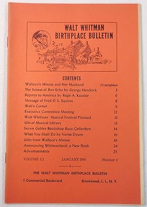 Image du vendeur pour Walt Whitman Birthplace Bulletin. Volume III, Number 2 - January 1960 mis en vente par Resource Books, LLC