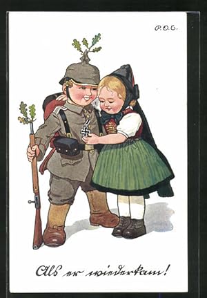 Bild des Verkufers fr Knstler-Ansichtskarte P. O. Engelhard (P.O.E.): Als er wiederkam, Kleiner Soldat mit Mdchen, Eisernes Kreuz zum Verkauf von Bartko-Reher