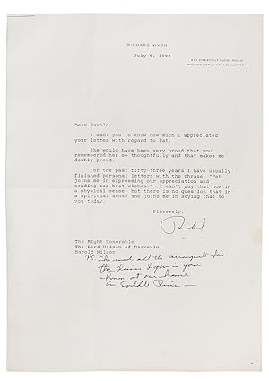 Seller image for Photostat letter to Harold Wilson, with autograph additions in President Nixon's hand, dated July 8, 1993. for sale by Shapero Rare Books