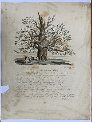 Faux William Blake print. Image of an oak, hollow with a doorway at the bottom and three cows, ha...