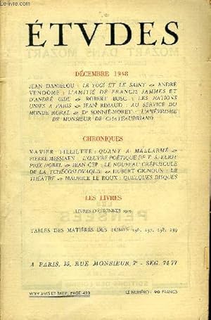Seller image for Etudes tome 259 n 11 - Le yogi et le saint par Jean Danilou, L'amiti de Francis Jammes et d'Andr Gide par Andr Vendome, Les nations unies a Paris par Robert Bosc, Au service du monde rural par Jean Rimaud, L'anvrisme de monsieur de Chateaubriand for sale by Le-Livre