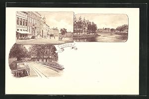 Lithographie Breda, Kaffeehaus, Uferpartie, Brücke