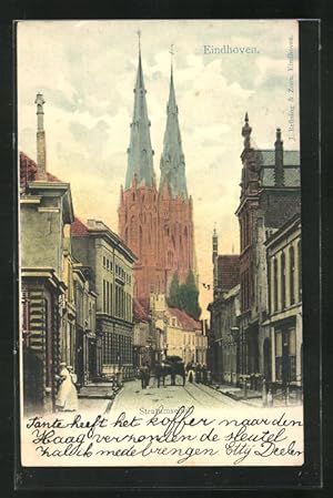 Ansichtskarte Eindhoven, Stratumseind, Strassenpartie mit Blick zur Kirche