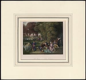 Antique Print-PARK-LANDSCAPE-GUITAR-FLOWER-BUSH-Watteau-Roberts-1850