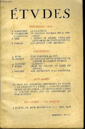 Seller image for Etudes tome 282 n 9 - La cellule 23 par A. Bonnichon, Un nouveau rapallo est-il possible ? par R. d'Harcourt, A propos de Michel Crulaire patriarche de Constantinople par B. Leib, Que signifie l'art abstrait ? par J. Onimus, Voix d'Afrique du sud par A. for sale by Le-Livre