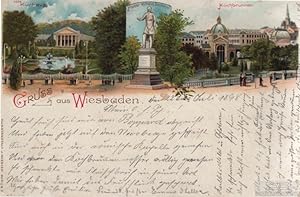 AK Gruss aus Wiesbaden. Kochbrunnen. Kurhaus. Litho ca. 1899