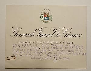 Carta de pedido de las Senoras Zuloaga y tarjeta correspondiente de General Juan V. Gomez.