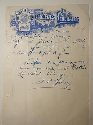 Telegramm mit dreizeiligem handschriftlichem Text und Unterschrift von J. V. Gomez.