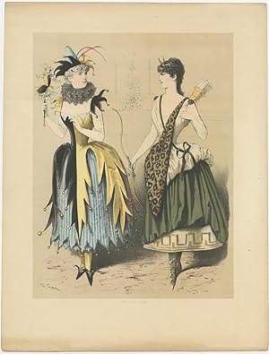 Antique Costume Print of a Female Harlequin and Archer (c.1890)