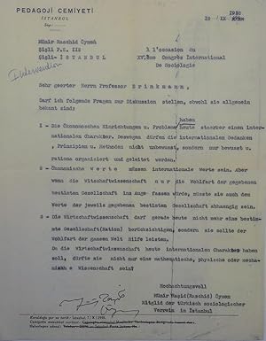 Typescript letter signed 'Münir Rasid Öymen' addressed to Prof. Carl Brinkmann, (1885-1954).