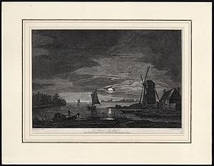 Antique Print-MOON-MOONLIGHT-LANDSCAPE-WINDMILL-LAKE-Van Bosman-Boydell-1780