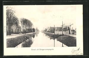 Ansichtskarte Borgercompagnie, Ortspartie mit Häusern am Kanal