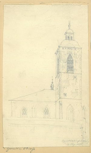MAINZ. - St. Quintin. Der Kirchturm der St. Quintins - Kirche mit skizziertem Kirchenschiff.