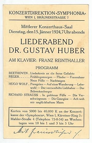 Bild des Verkufers fr Konzertprogramm mit eigenh. Einladung. zum Verkauf von Antiquariat INLIBRIS Gilhofer Nfg. GmbH