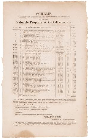 Seller image for SCHEME FOR SELLING BY CERTIFICATE, AND DISTRIBUTING BY ALLOTMENT, THE FOLLOWING VALUABLE PROPERTY AT YORK-HAVEN, VIZ for sale by William Reese Company - Americana