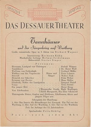 Dessauer Theater. Programmzettel zu : Tannhäuser und der Sängerkrieg auf Wartburg ( Richard Wagne...