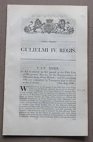 Image du vendeur pour Amend ; For the Transportation of offenders from Great Britain, and for Punishing Offences Commited by Transports kept to Labour in the Colonies. mis en vente par Booksold U.K.