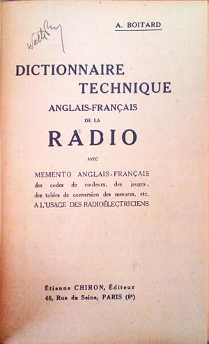 Bild des Verkufers fr DICTIONNAIRE TECHNIQUE ANGLAIS-FRANAIS DE LA RADIO. zum Verkauf von Livraria Castro e Silva