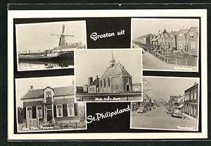 Ansichtskarte St. Philipsland, Haven met molen, Ned. Herv. Kerk, Voorstraat, Schoolstraat