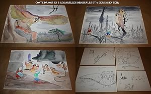 3 Aquarelles Originales en Couleurs + 4 Dessins et Croquis en noir d'un Conte en Danois. Text og ...