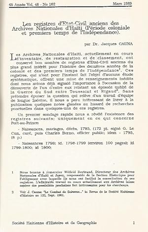 Image du vendeur pour Les registres de l'Etat-Civil anciens des Archives Nationales d'Haiti (in Revue de la Societe Haitienne d'Histoire et de Geographie, vol 46 No 162 mars 1989) mis en vente par Black Rock Books