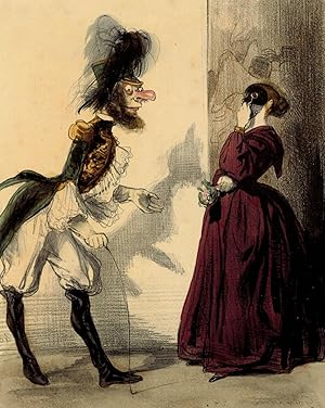 Lithographie originale aquarellée gommée époque PARIS LE SOIR costume masques