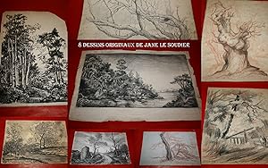8 oeuvres Originales de Jane Le Soudier - 8 Paysages à la mine de plomb, aux crayons de couleurs,...