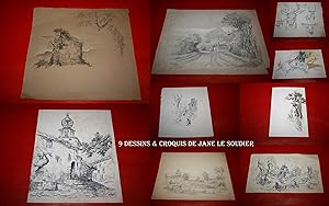 9 Oeuvres Originales de Jane Le Soudier. 4 Dessins et 5 Croquis Originaux.