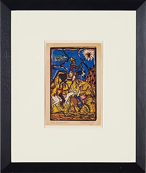 HALE WOODRUFF: "THE TRAVELERS" - AN EARLY COLOR LINOLEUM BLOCK PRINT