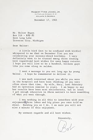 Bobby Jones Autograph Letter Signed to Walter Hagen.
