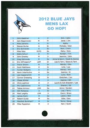Johns Hopkins Blue Jays Lacrosse- Laminated 2012 Roster Card (Two-Sided), with Parents' First Names