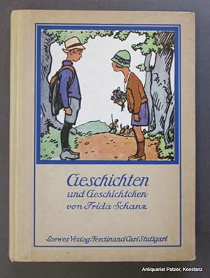 Imagen del vendedor de Geschichten und Geschichtchen. Ein neues Kinderbuch. 2. Auflage. Stuttgart, Loewe, ca. 1929. Mit 4 Farbtafeln von Lia Doering. 127 S. Or.-Hlwd. mit farbigem Deckelbild (Junge in Wanderkleidung u. Mdchen mit Blumenstrau stehen sich gegenber); etwas fleckig. a la venta por Jrgen Patzer