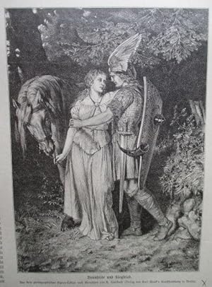 "Brunhilde und Siegfried". Holzstich (anonym), rückseitig mit Text, 20 x 14 cm, um 1880.