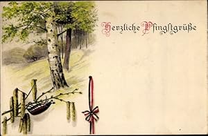 Ansichtskarte / Postkarte Glückwunsch Pfingsten, Maikäfer, Birke, Kaiserliche Fahne