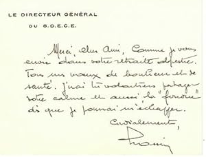 Image du vendeur pour Letter from le gnral Paul Grossin as Directeur Gnral of Service de documentation extrieure et de contre-espionnage (SDECE). to Jacques Des Roches, (pseudonym of Jean-Gabriel Vacheron) mis en vente par Wittenborn Art Books