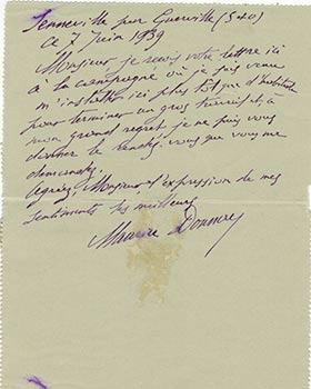 Seller image for Letter from Maurice Donnay to Vincent to Jacques Des Roches, (pseudonym of Jean-Gabriel Vacheron) for sale by Wittenborn Art Books